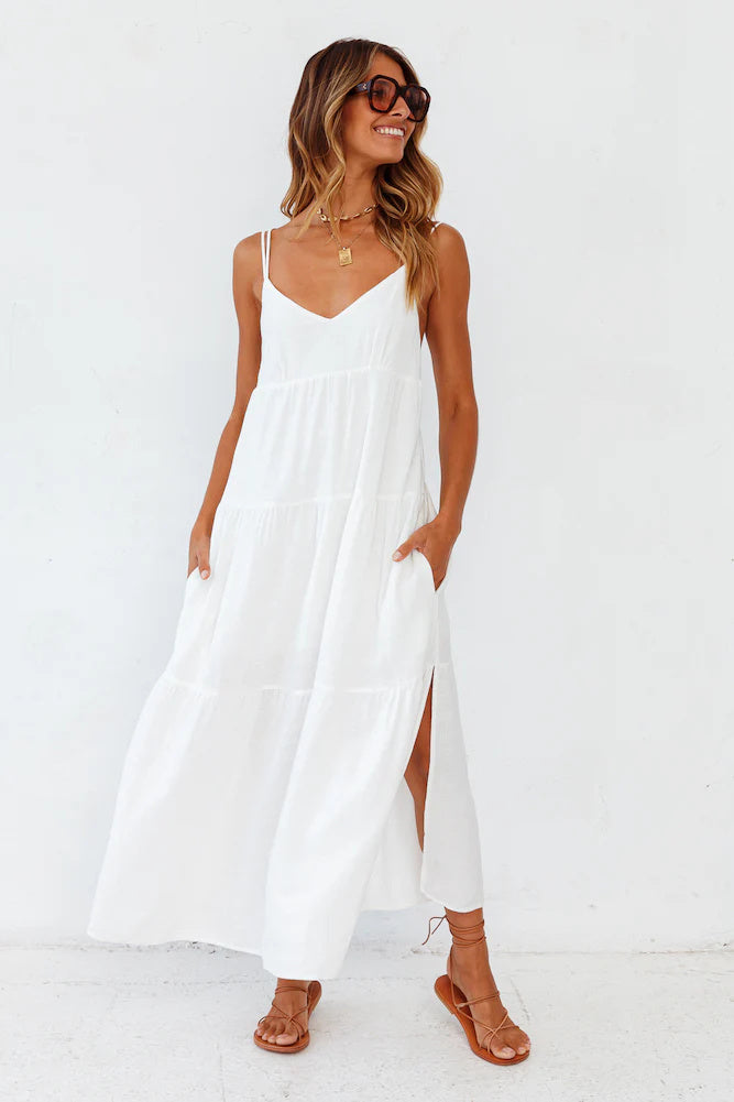 Polyester Carbell Maxi White Dress