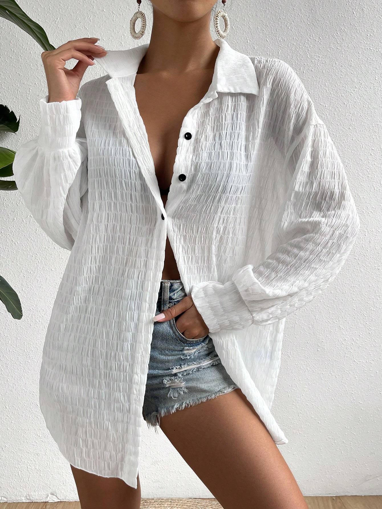 Women's Drop Shoulder Button Front, Long Sleeve Tops