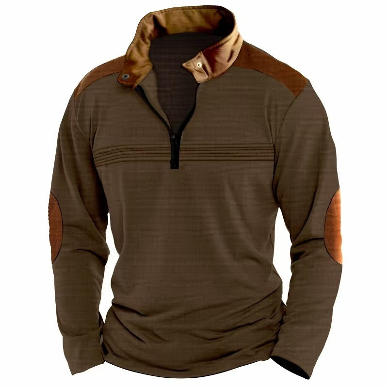 Elegant Men's Stitching Polo Shirt Long-sleeve Zipper