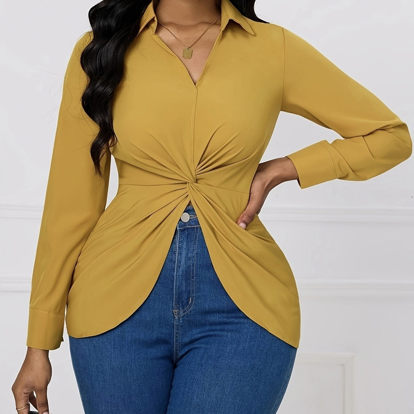 Women's Solid V-neck Knot Long Sleeved Shirt