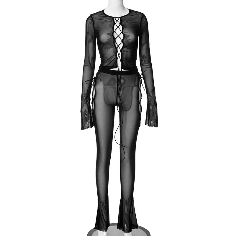 Sexy Lace-up See-through Mesh Top Trousers