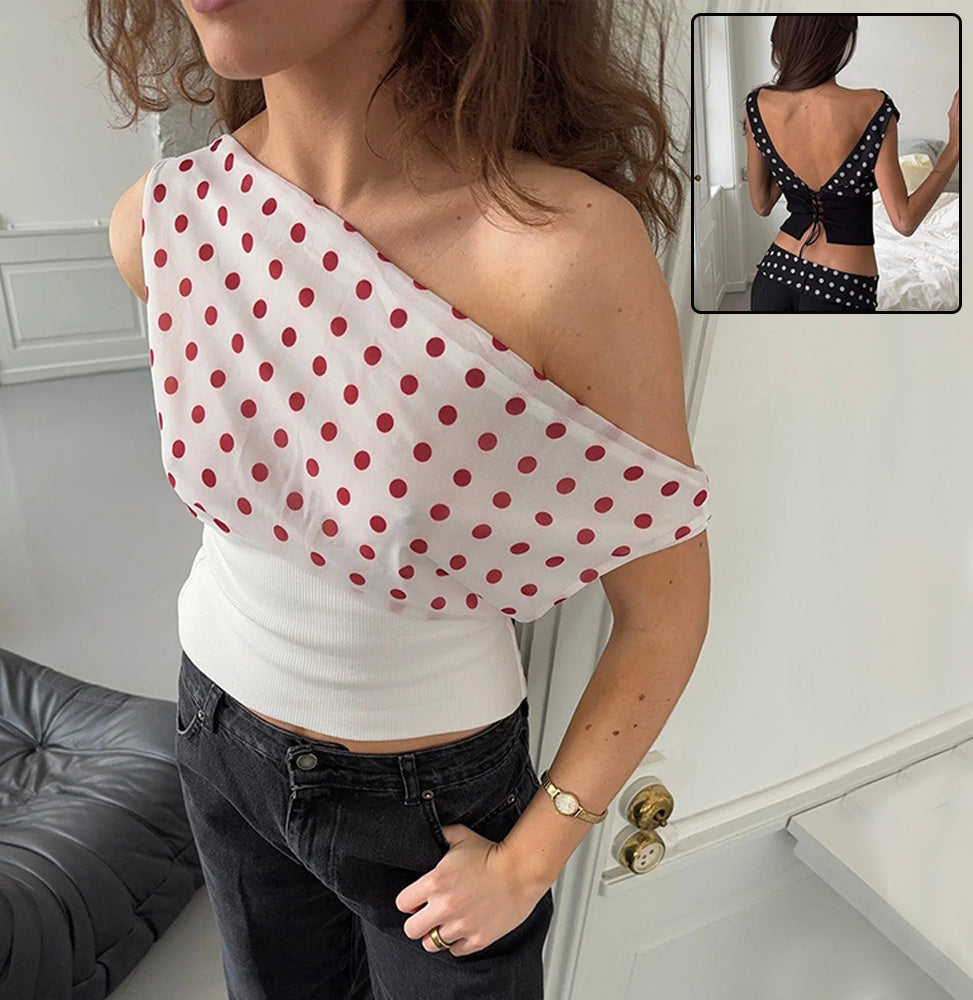 Polka Dots Oblique Shoulder Tops
