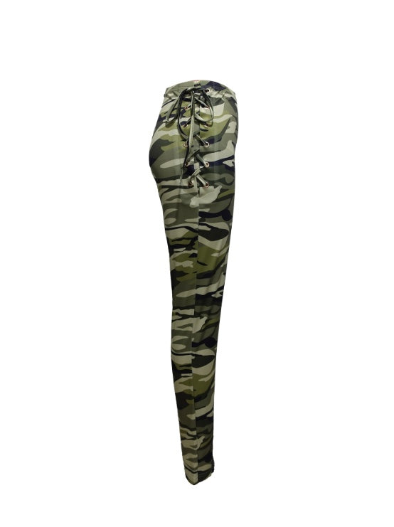 Ladies' Lace Up High Waisted Camouflage Pants