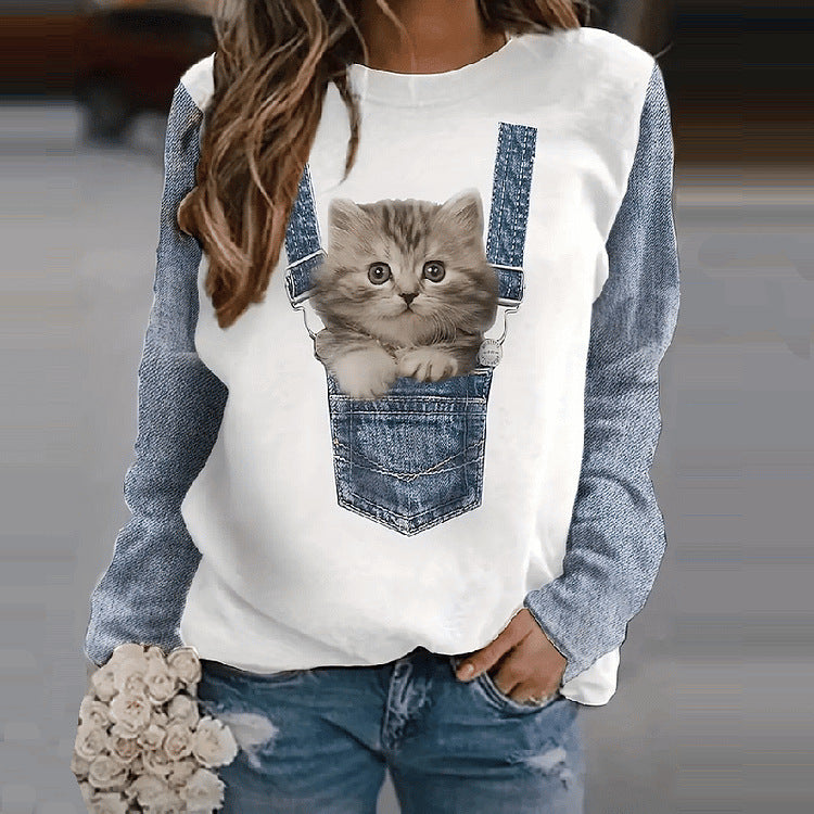 Loose Cat 3D Long Sleeve Crew Neck Sweatshirts