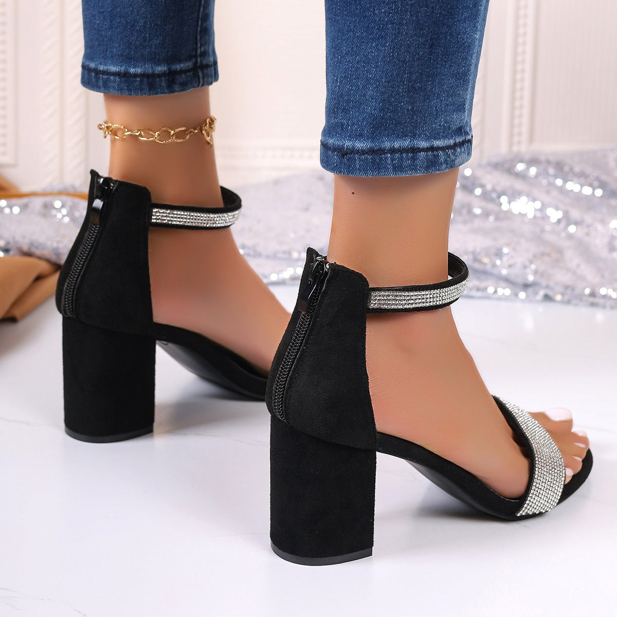 High Heel Square Heel Open Toe Strappy Shoes