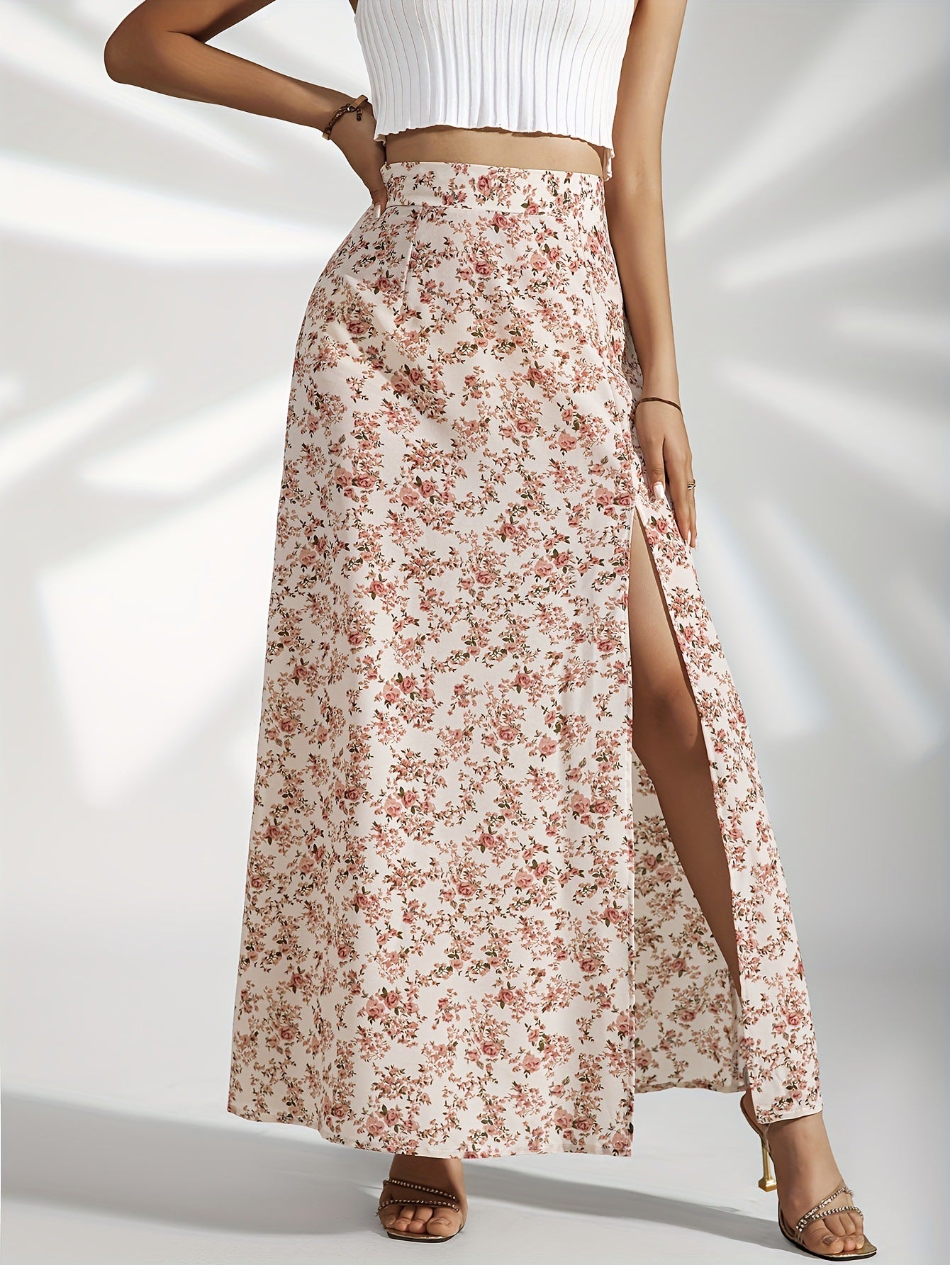 Ladie's Gentle High Waist Slit Floral Skirt