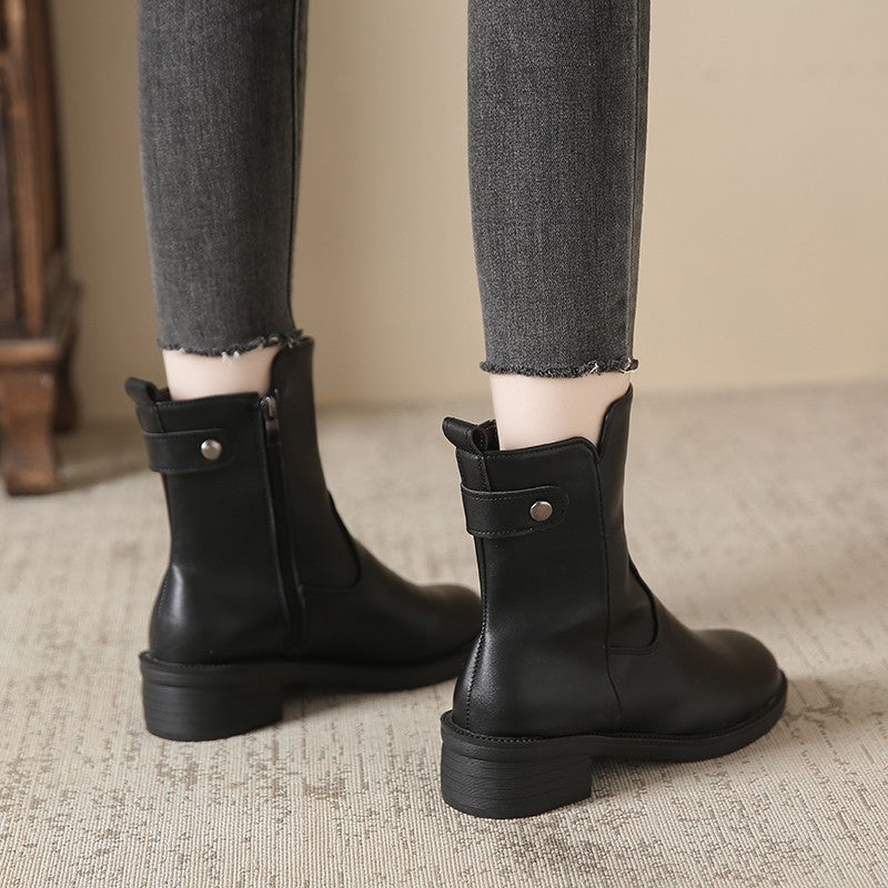 Ladie's Round Toe Boots Side Zip Short Boots
