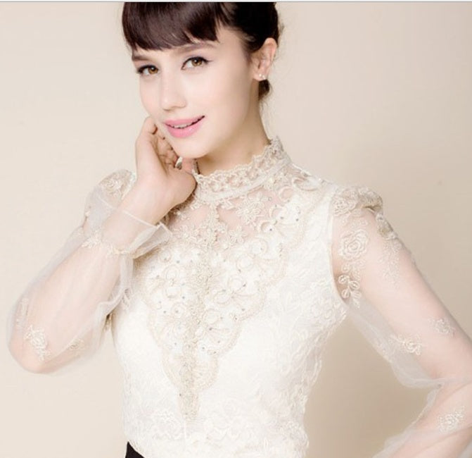 Mesh bottoming shirt women's long-sleeved lace new autumn stand collar blouse lace top Slim