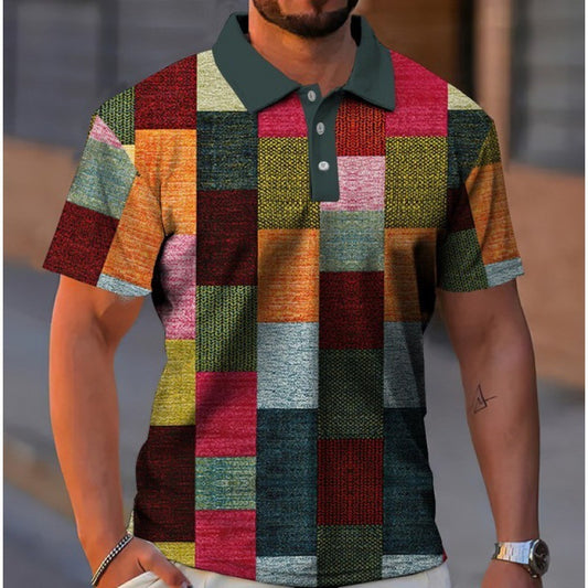 Men's Button Polo Shirt Plaid Lapel T-Shirt