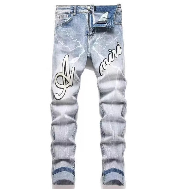 Men's Punk Retro Blue Ripped Slim Feet Jeans