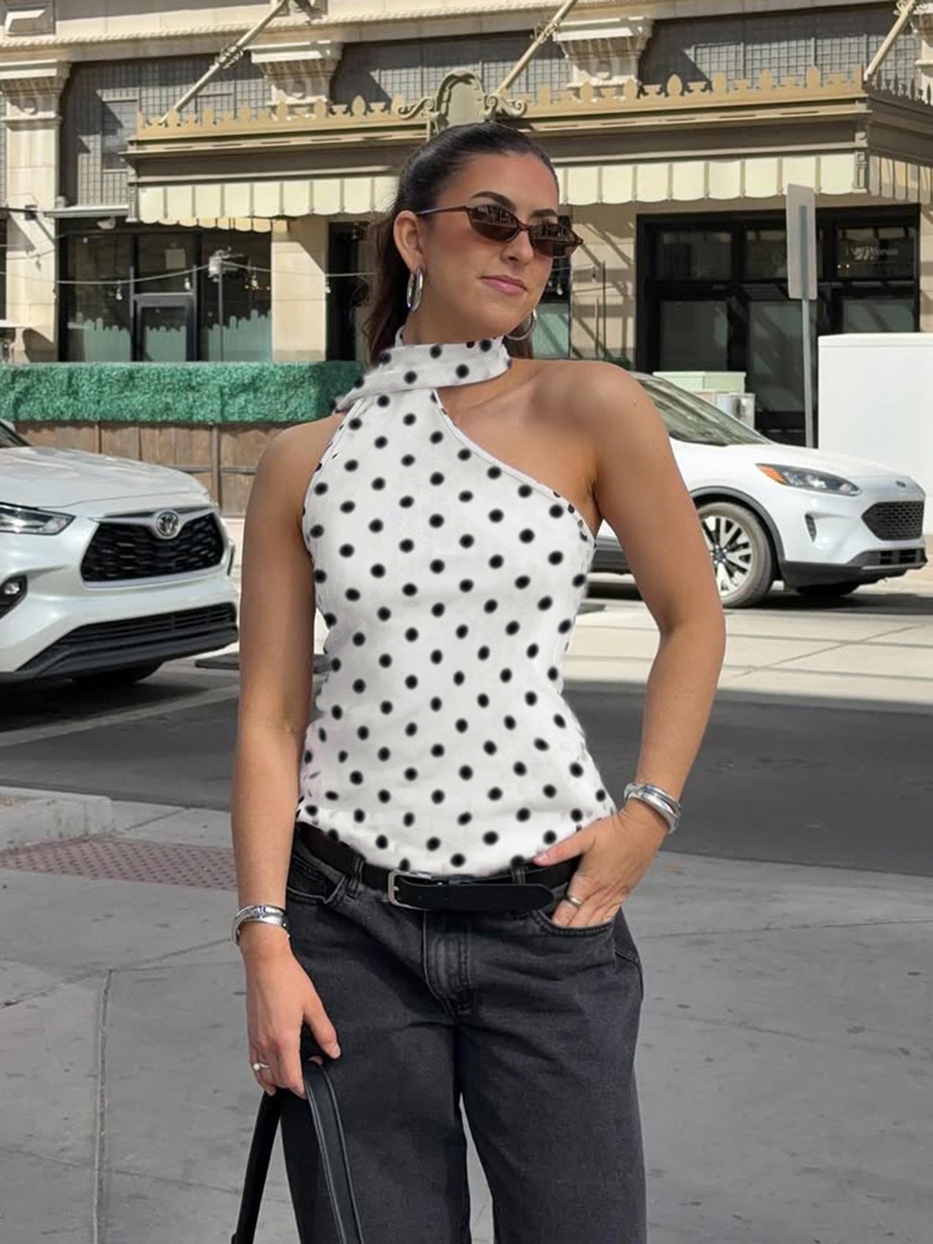 Polka Dot Halter Ribbon Shoulder Backless Wild Vest
