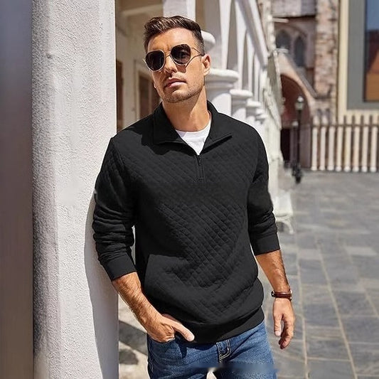 Men's Long Sleeve Knitted Zip Pullover Plaid Sweatshirt