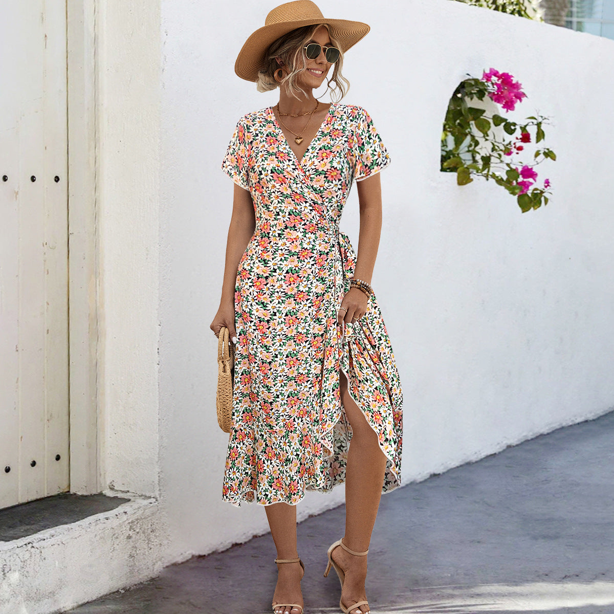 V-neck Tie-shoulder Floral Long Dress