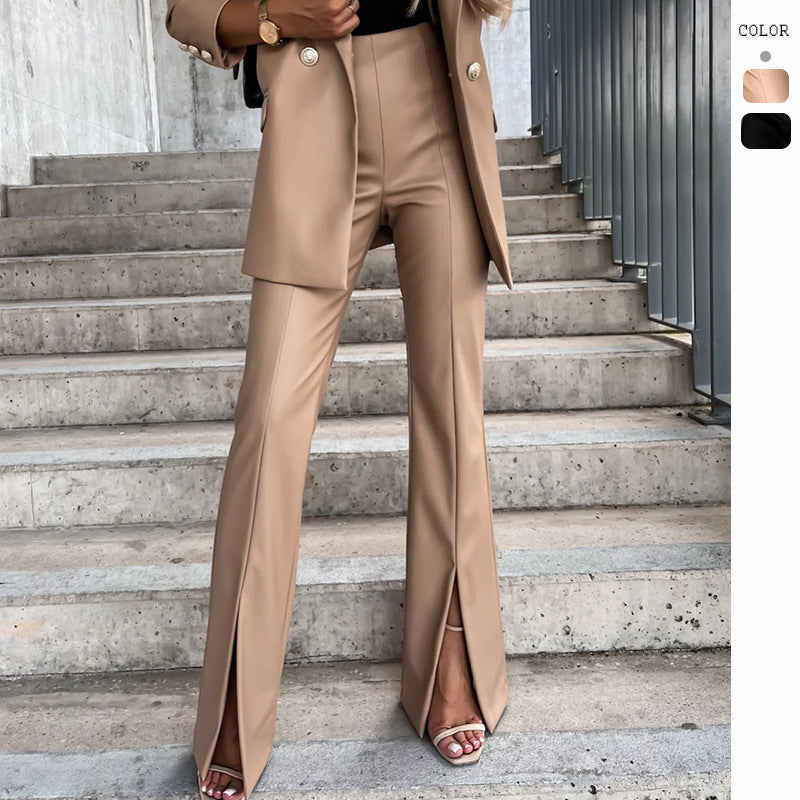 Elegant Slim Fit Slit Leather Pants