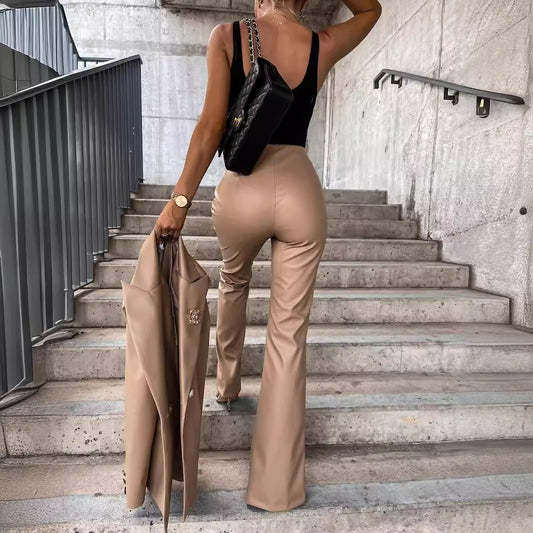 Elegant Slim Fit Slit Leather Pants