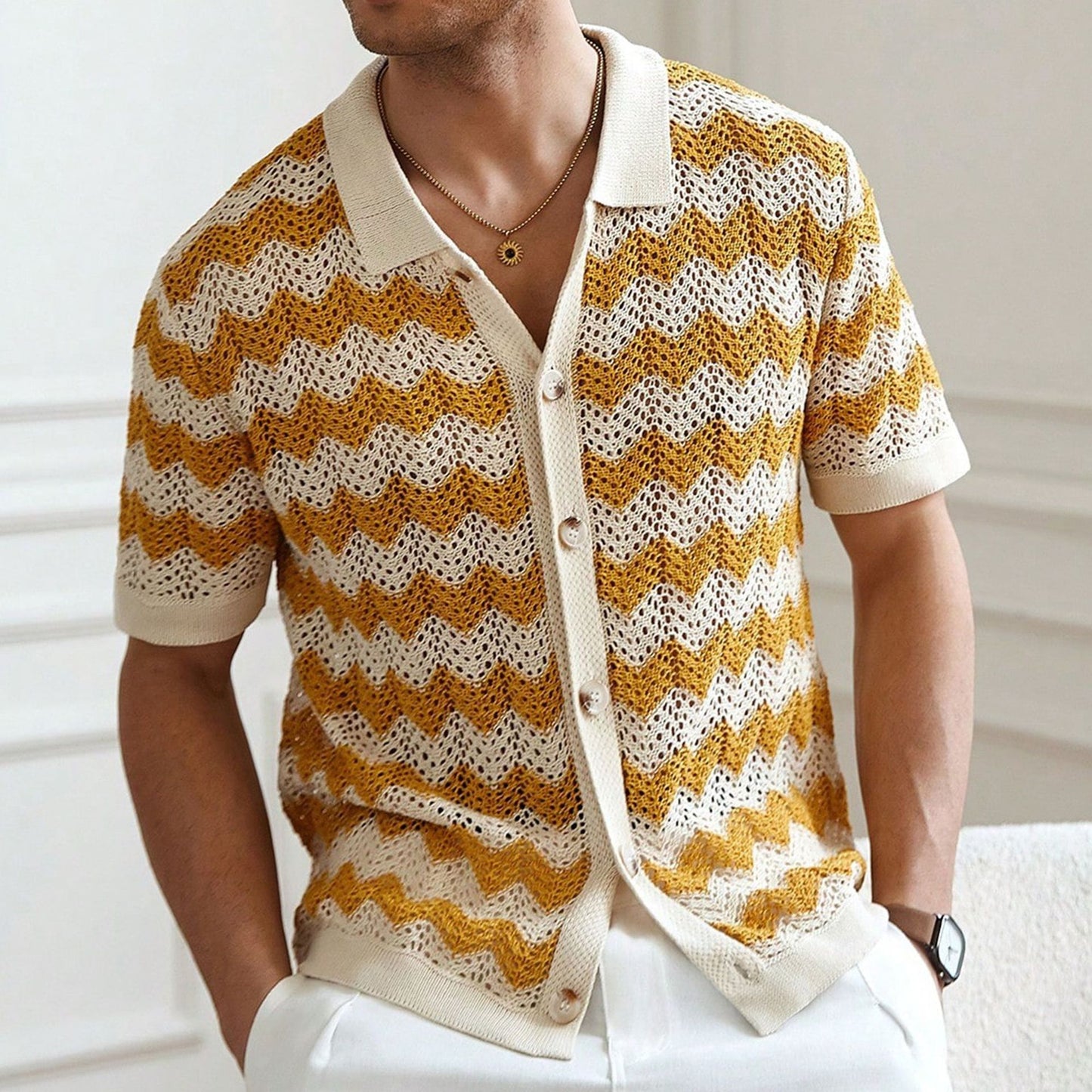 Men American-style Hollow Jacquard Corrugated Sweater