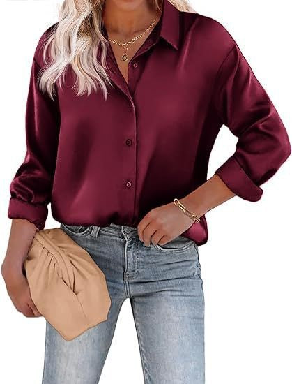Women's Satin Top Long Sleeve Button Shirt