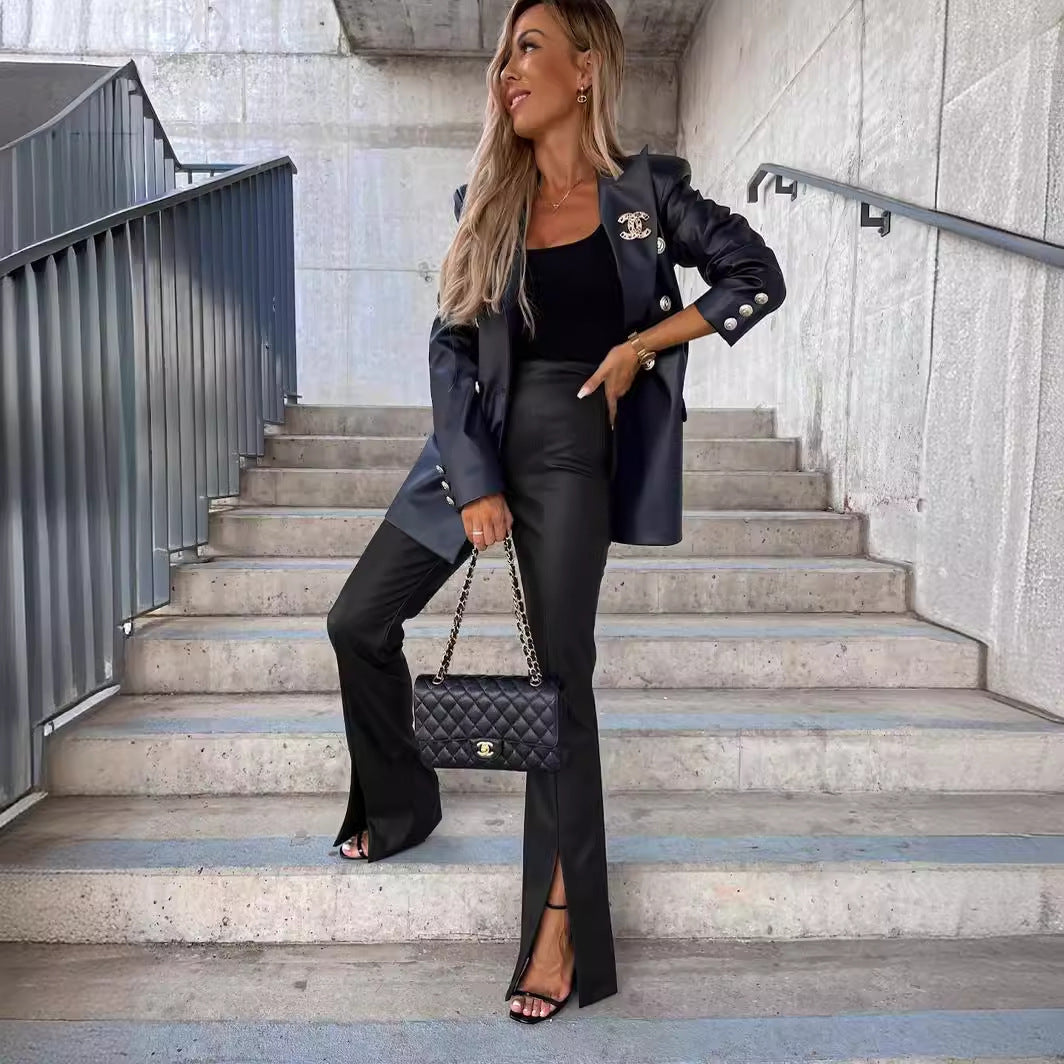Elegant Slim Fit Slit Leather Pants