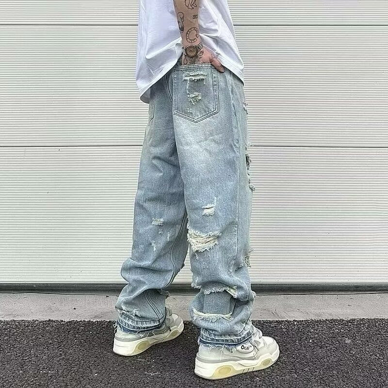Men's Water Washed Hole Retro Street Wide Leg Jeans