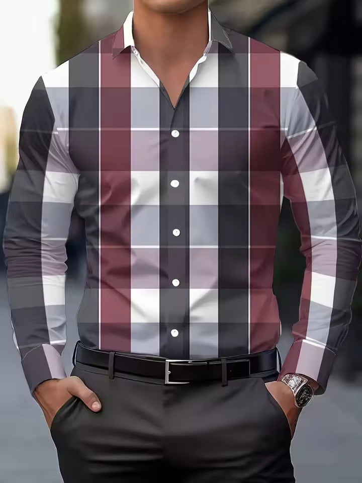 Men Shirt Long Sleeve Button Lapel