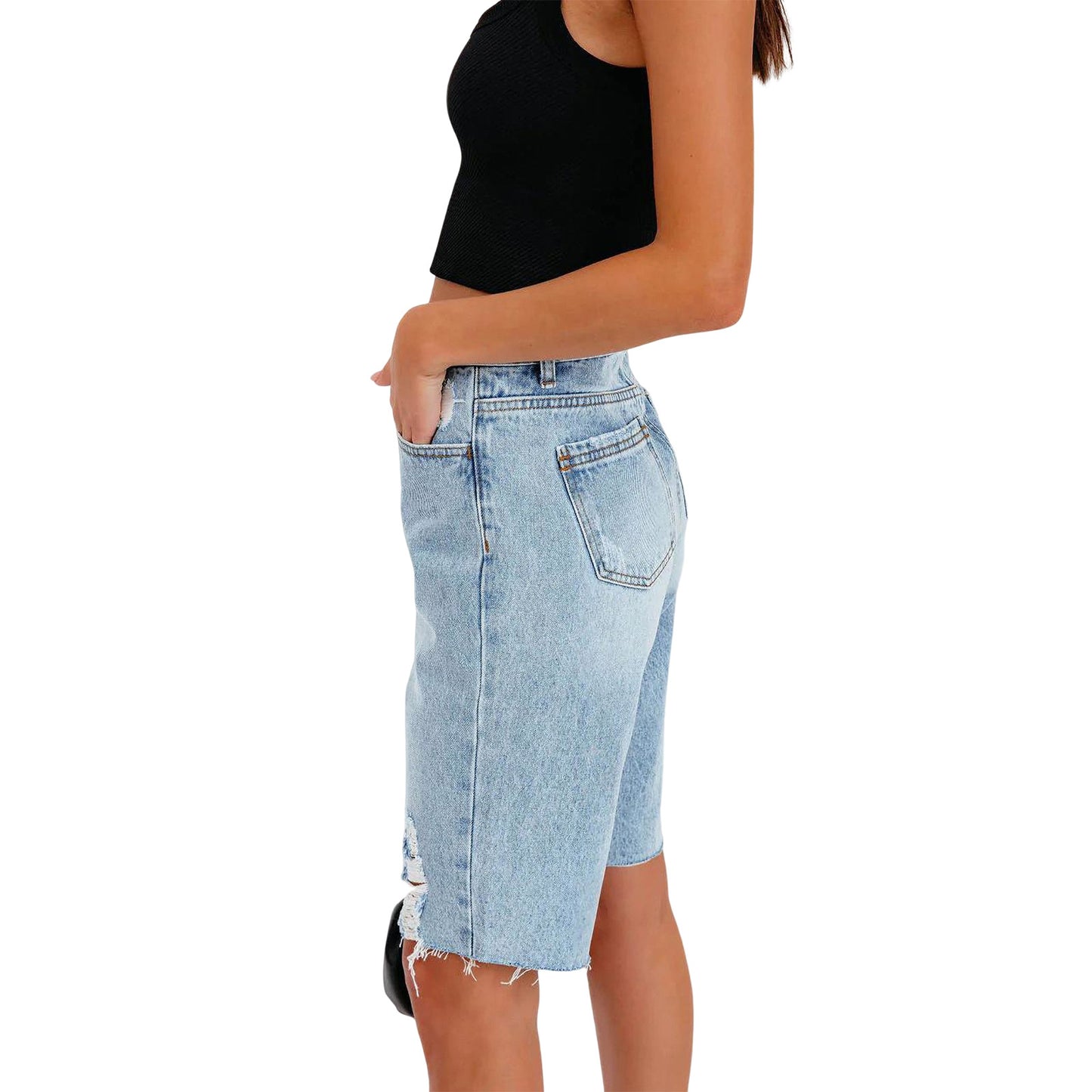 High Elastic Mid-waist Ripped Jeans