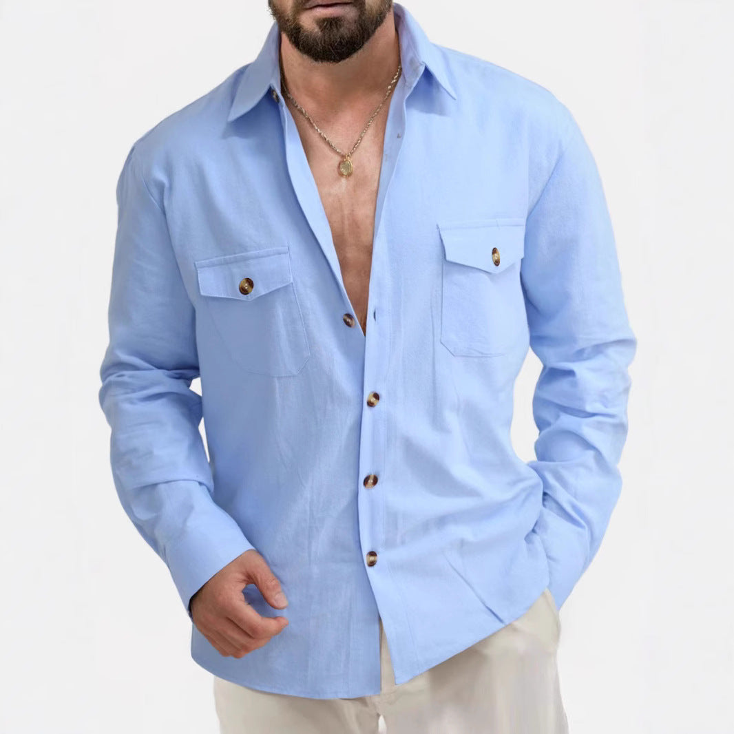 Loose V-neck Button Chest Pocket Shirt