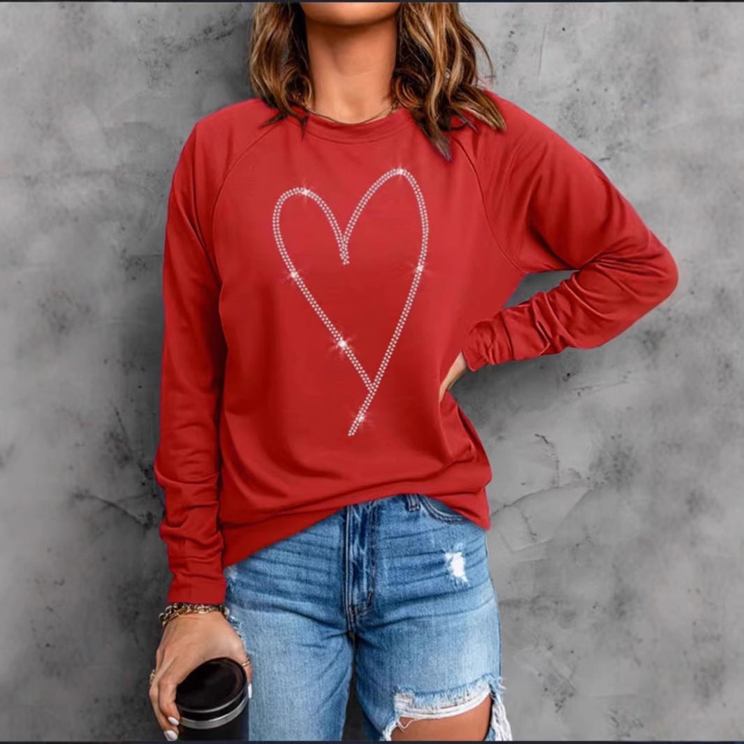 Ladie's Heart Printing Round Neck Long Sleeve Tops