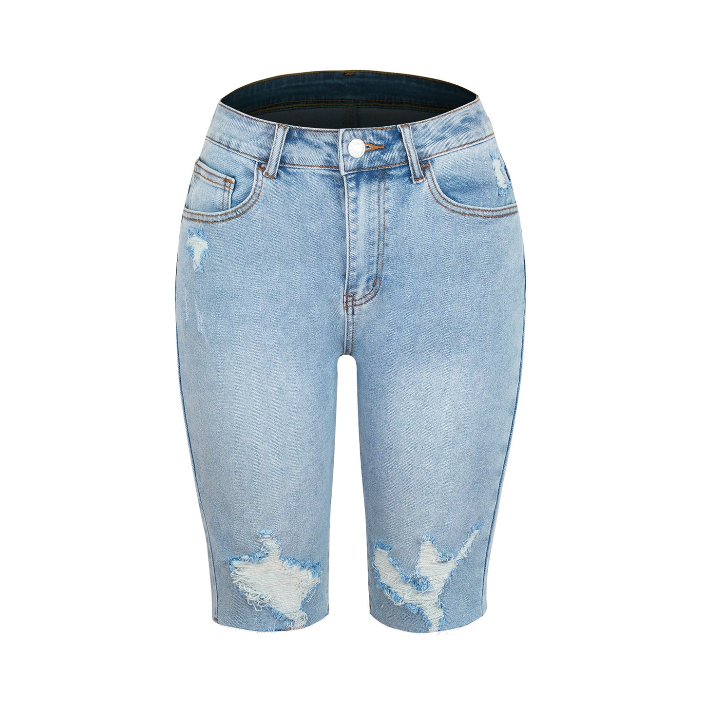 High Elastic Mid-waist Ripped Jeans