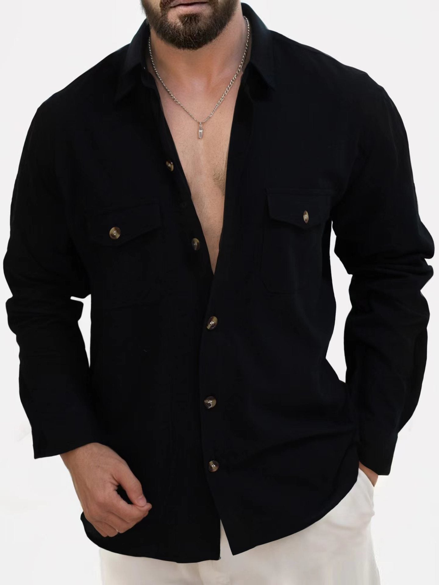 Loose V-neck Button Chest Pocket Shirt