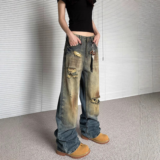 Old Ripped Jeans Loose Straight Wide Leg