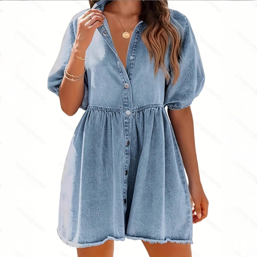 Washed Denim Lapel Loose Skirt Dress