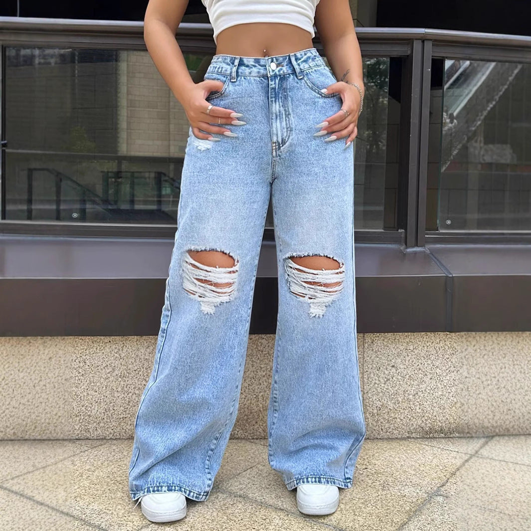 Ripped Loose Straight Wide Leg Jeans