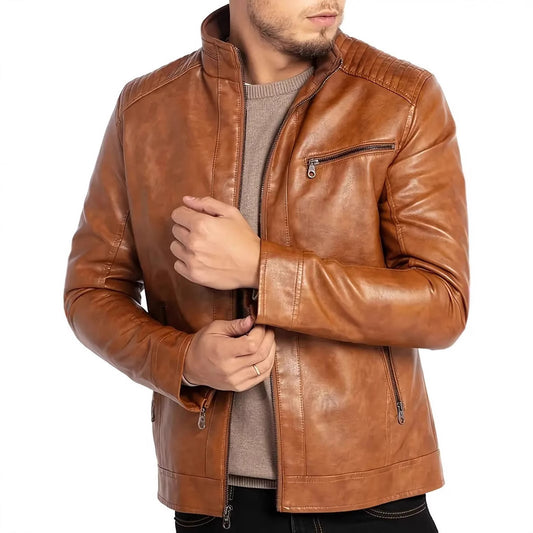 Men's Polyester Stand Collar Leather Jacket
