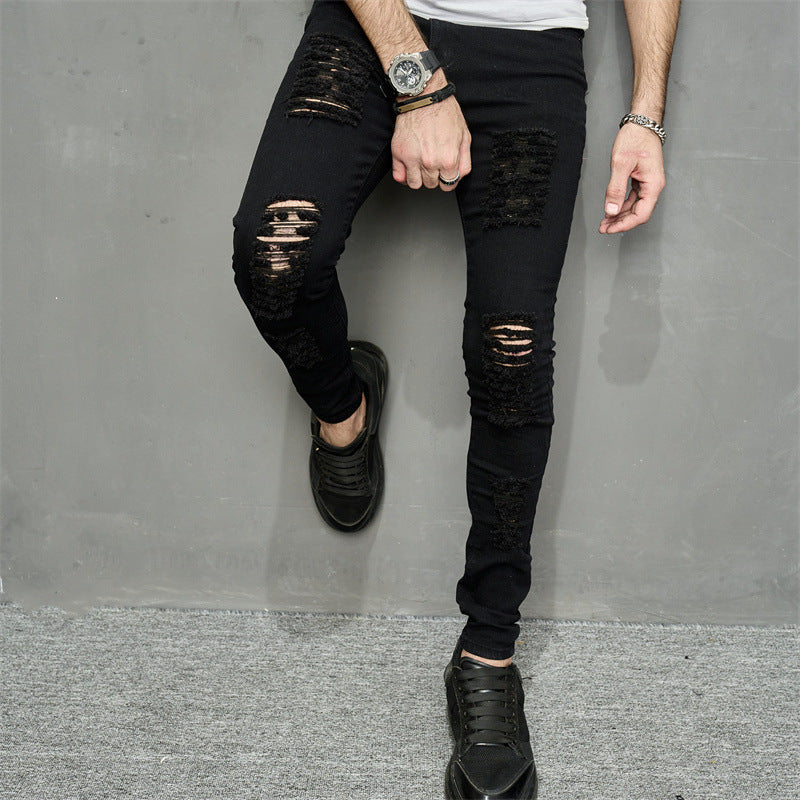 Skinny Men's Leisure Ripped Denim Feet Personality Trendy Jeans