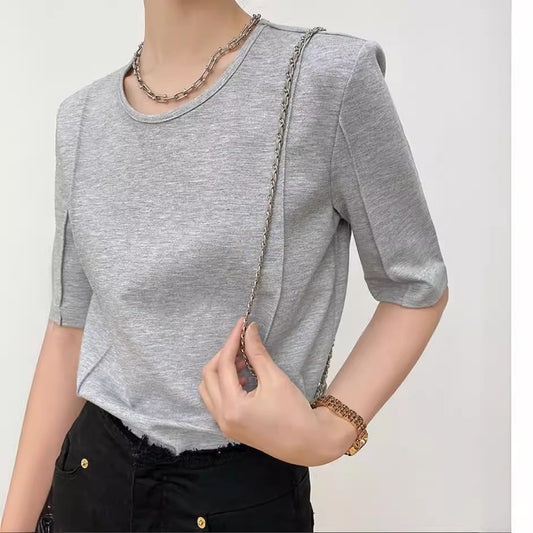 Solid Color Design Half Sleeve Round Neck T-shirt