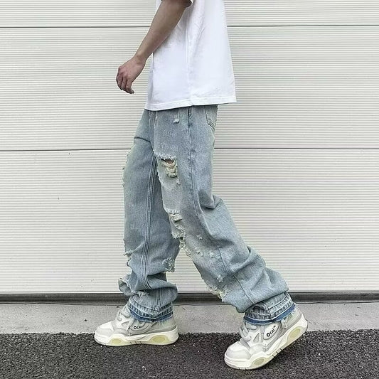 Men's Water Washed Hole Retro Street Wide Leg Jeans