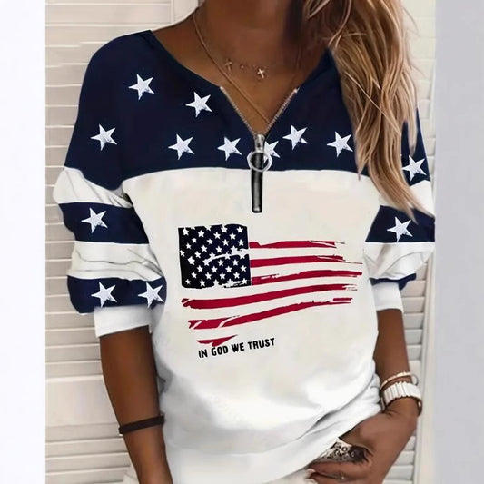 Trendy USA Flag Sweatshirt Half Zipper Sweater