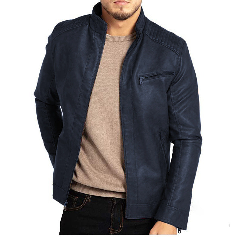Men's Polyester Stand Collar Leather Jacket