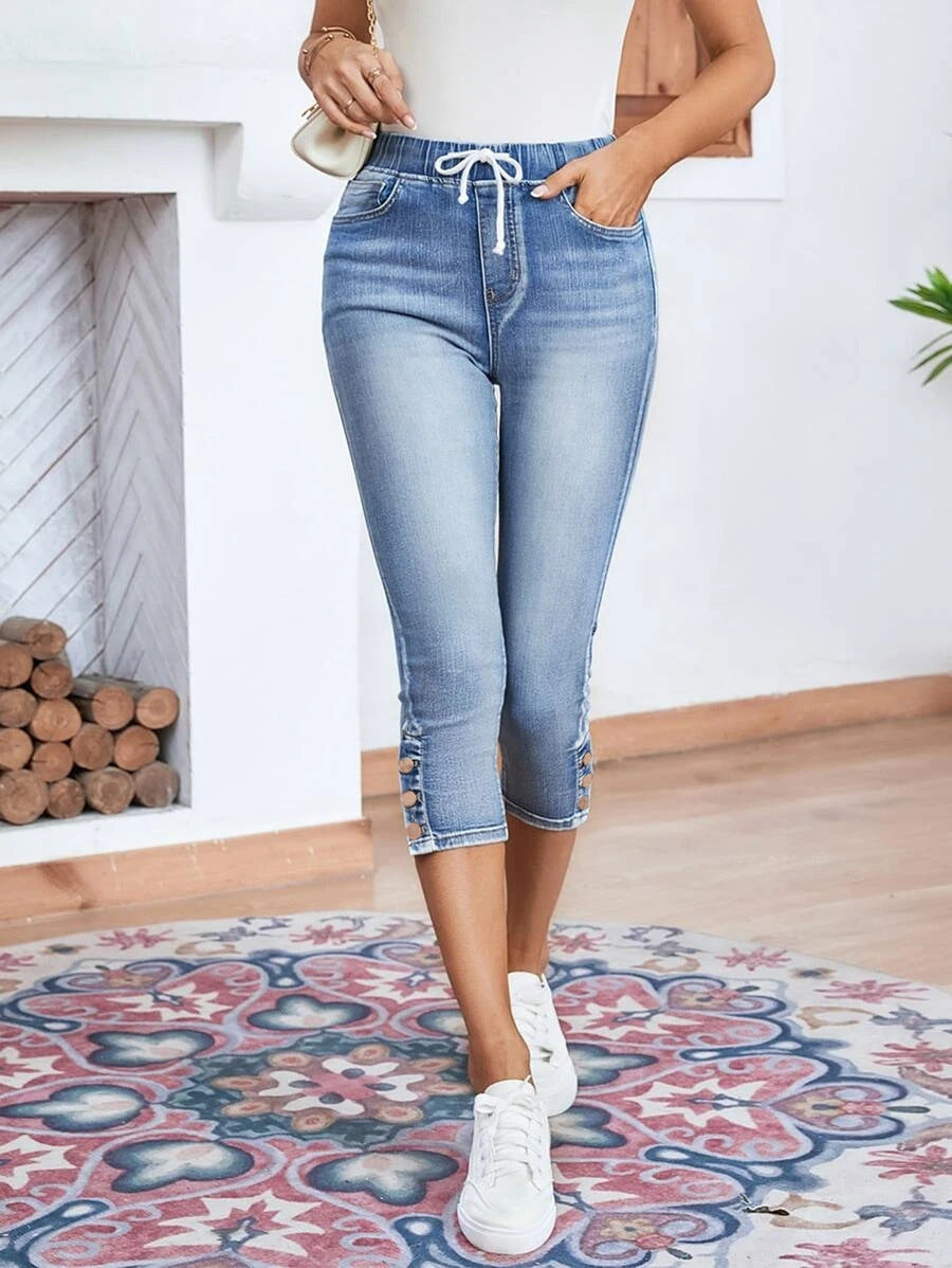 Waistband Lace-up Stretch Jeans