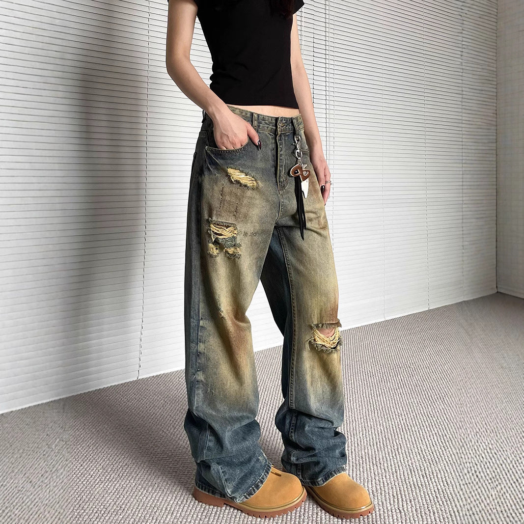Old Ripped Jeans Loose Straight Wide Leg