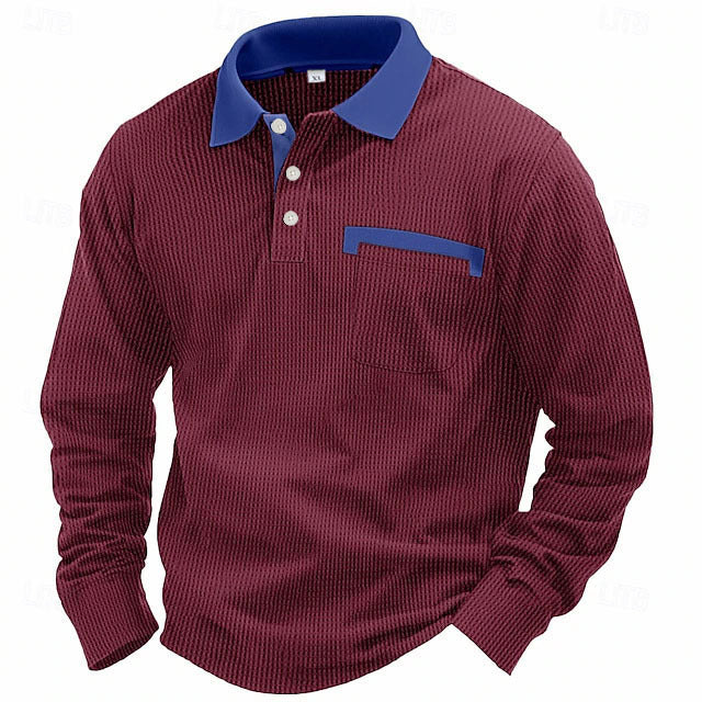 Men's Long-sleeved Waffle Polo T-Shirt
