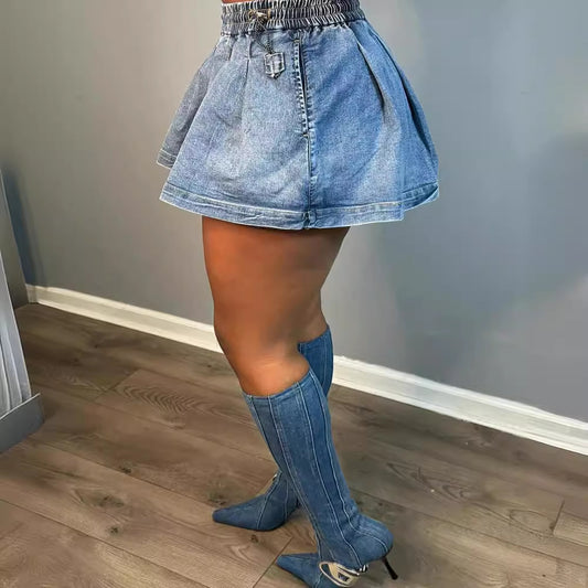 Ladie's High Waist Crimp Denim Skirt