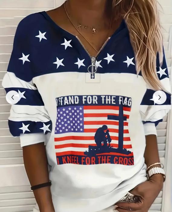 Trendy USA Flag Sweatshirt Half Zipper Sweater