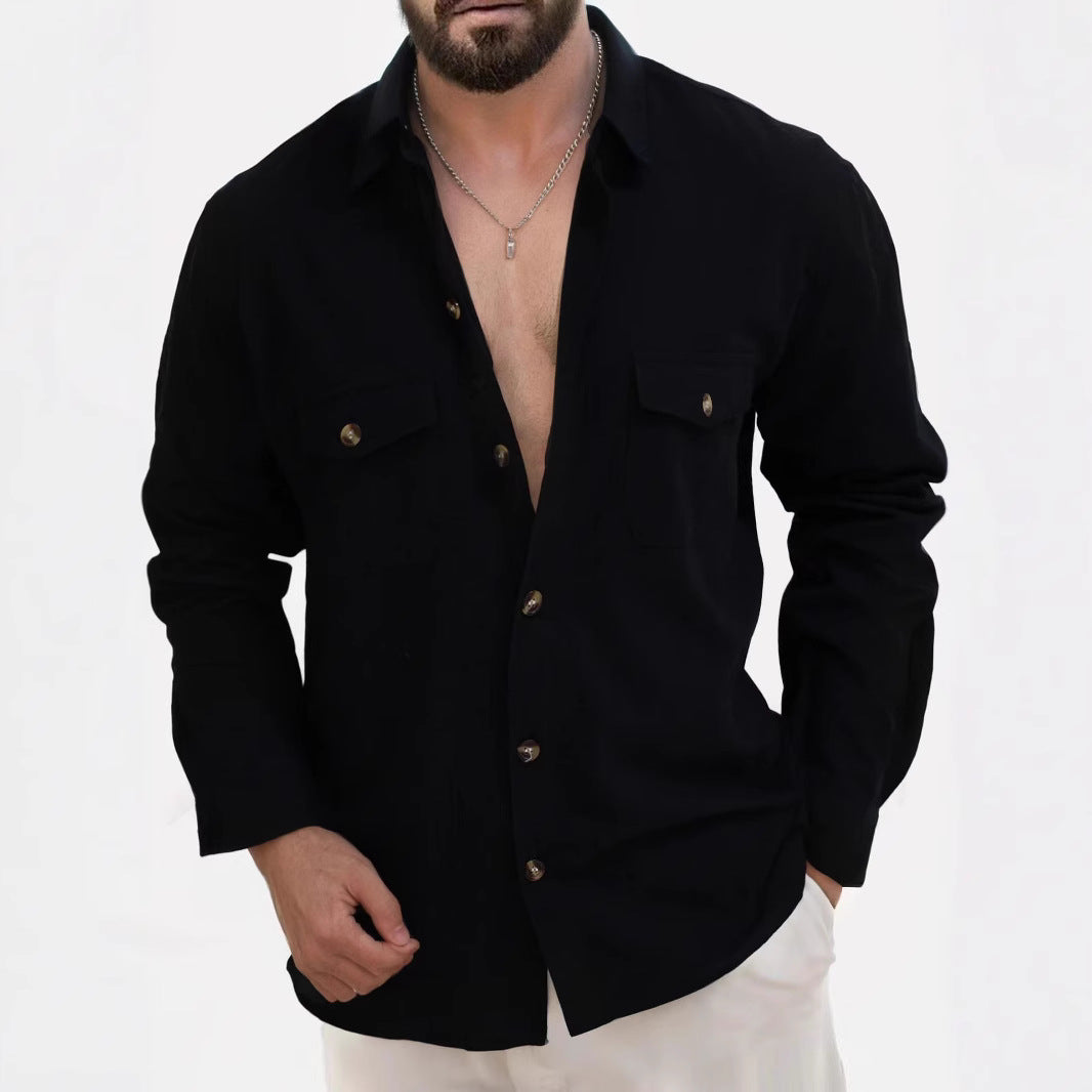 Loose V-neck Button Chest Pocket Shirt