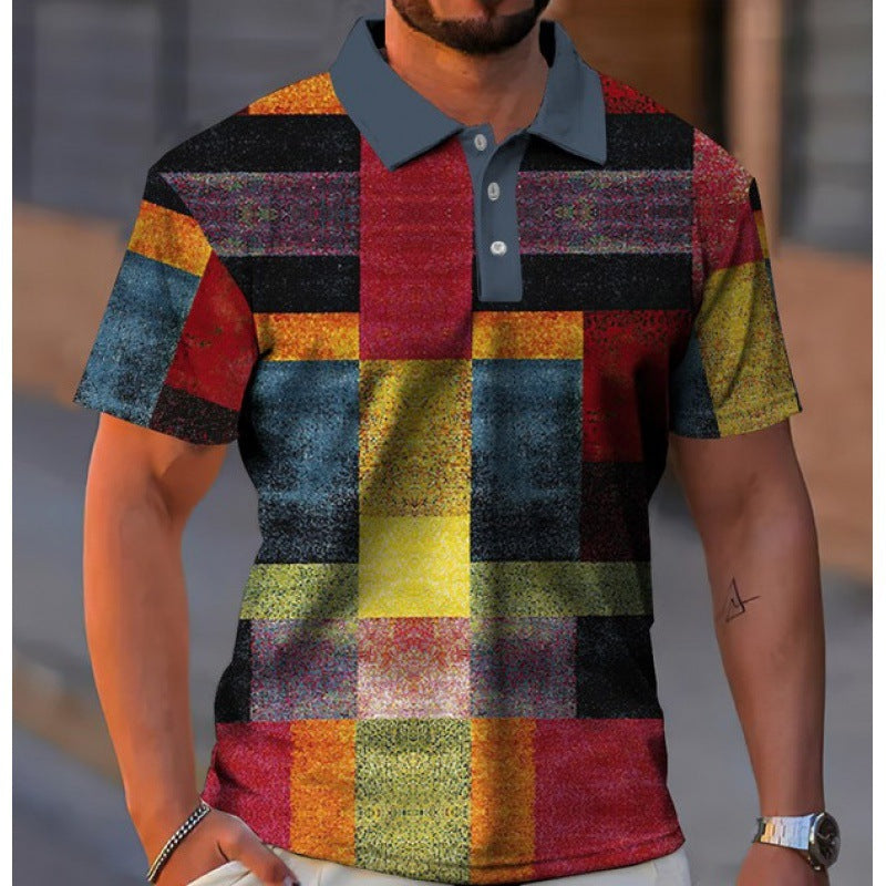 Men's Button Polo Shirt Plaid Lapel T-Shirt