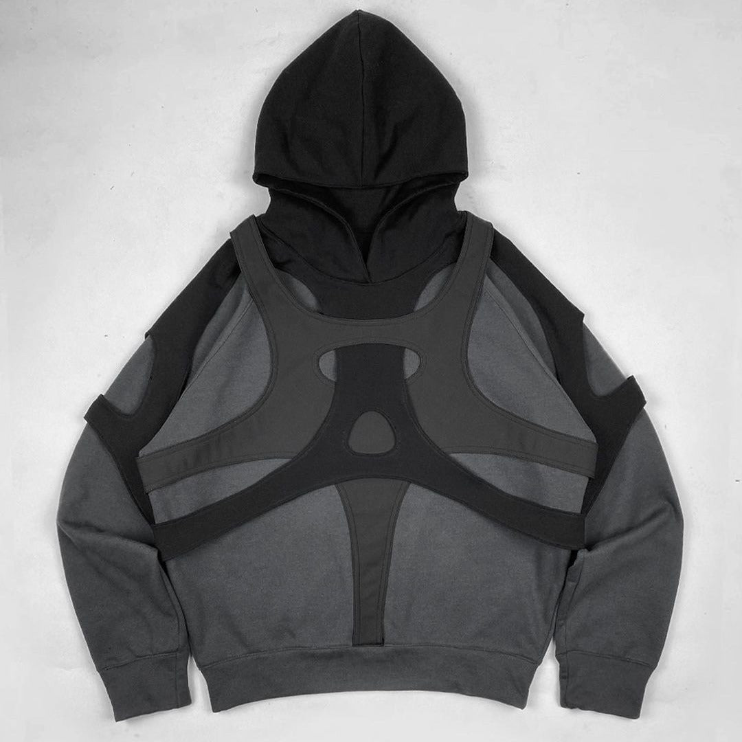 Women Stitching Black Zipper Hooded Sweatshirt
