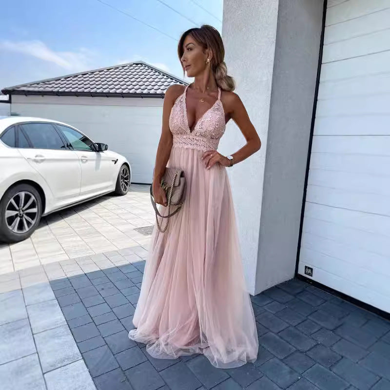 Mesh Deep V Formal Dress