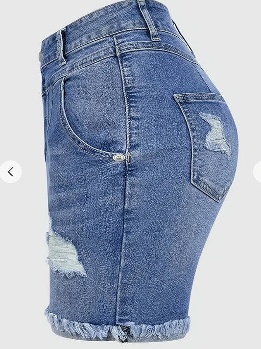 Women's Plus Size Ripped Denim Shorts High Stretch