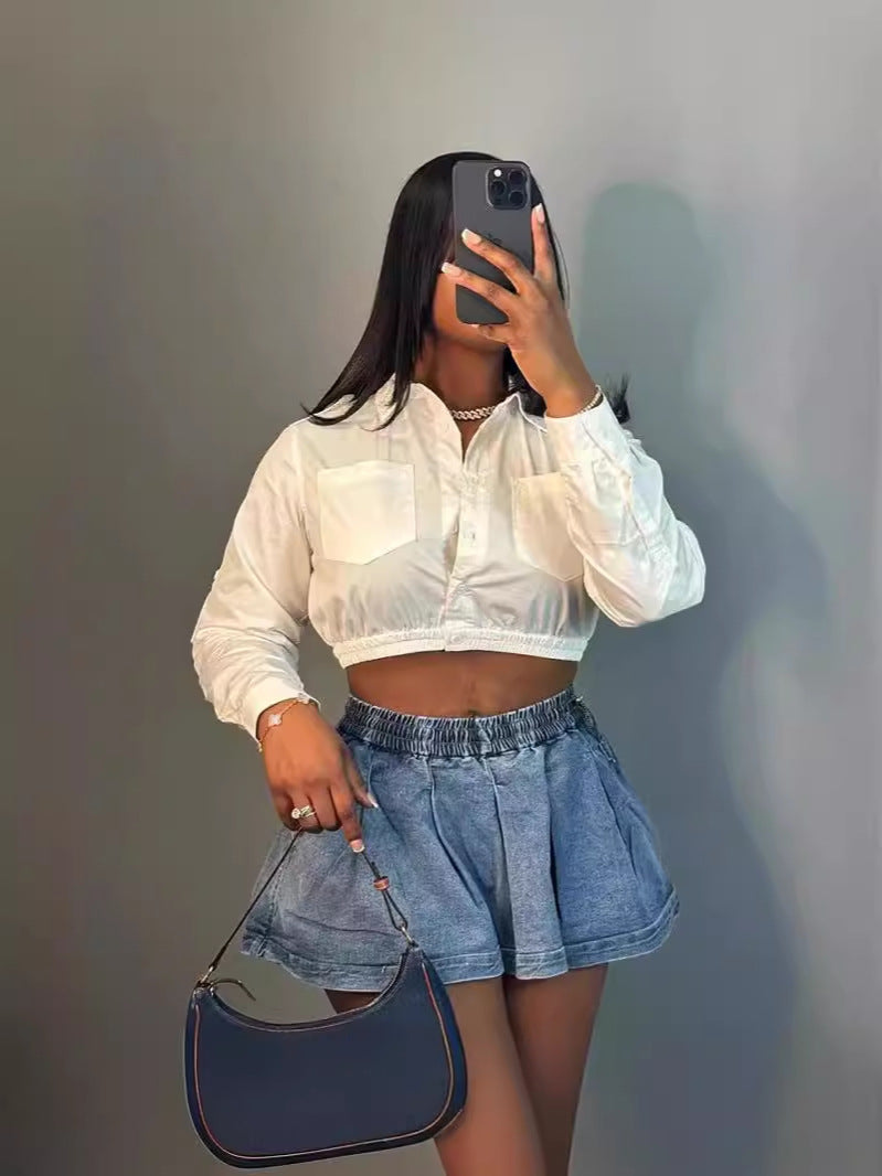 Ladie's High Waist Crimp Denim Skirt