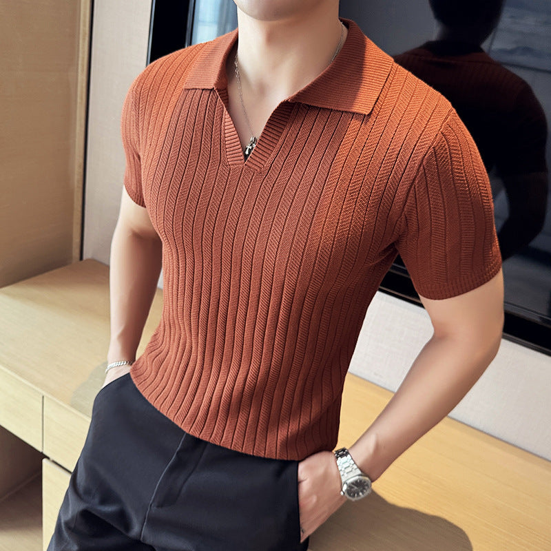 V-neck Knitted Lapel Short-sleeved Thin Men's T-Shirt